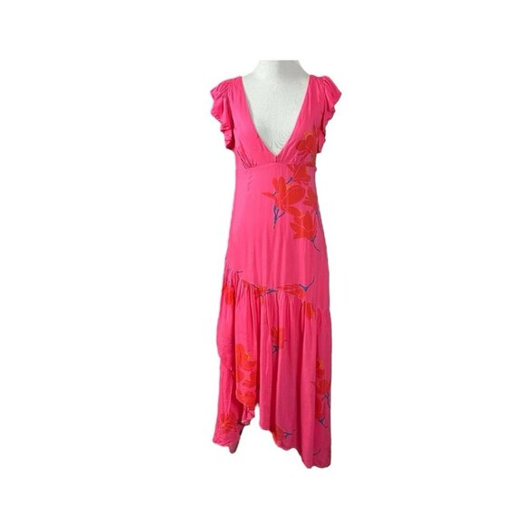 Free People Tropical Hawaiian Hibiscus Hot Pink Floral Maxi  Drtess Sz 4 # 1513 - Picture 6 of 13